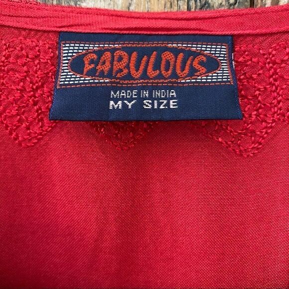 Fabulous Tomato Red Henley BOHO Relaxed Oversized Embroidered Long Sleeve Tunic - Picture 5 of 12